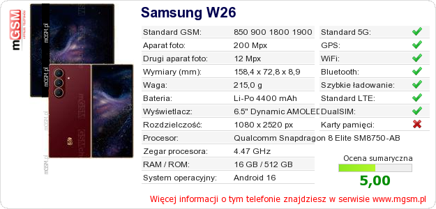 Dane telefonu Samsung W26
