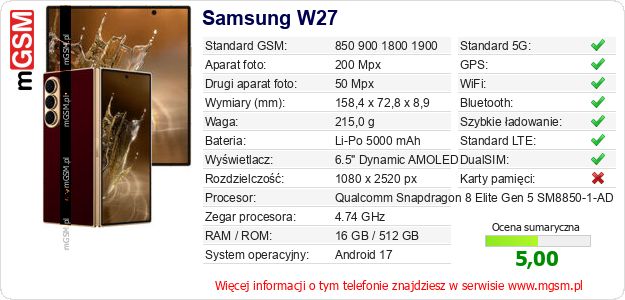 Dane telefonu Samsung W27 Dane telefonu Samsung W27