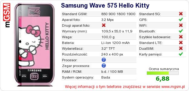 Dane telefonu Samsung Wave 575 Hello Kitty