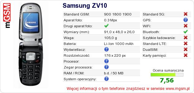 Dane telefonu Samsung ZV10