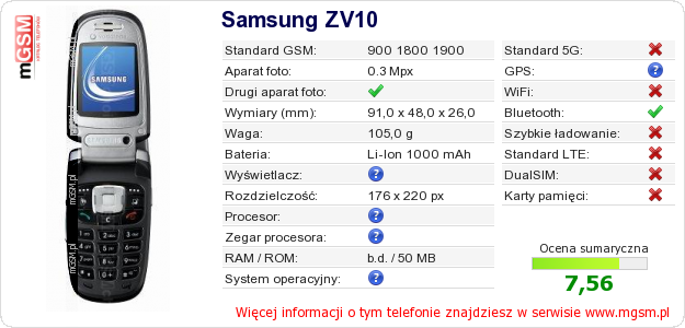 Dane telefonu Samsung ZV10