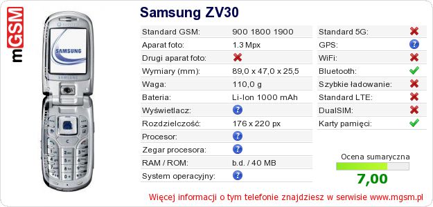 Dane telefonu Samsung ZV30