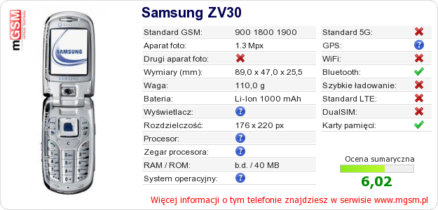Dane telefonu Samsung ZV30