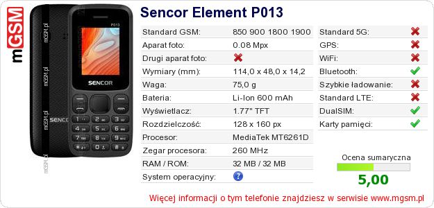 Dane telefonu Sencor Element P013