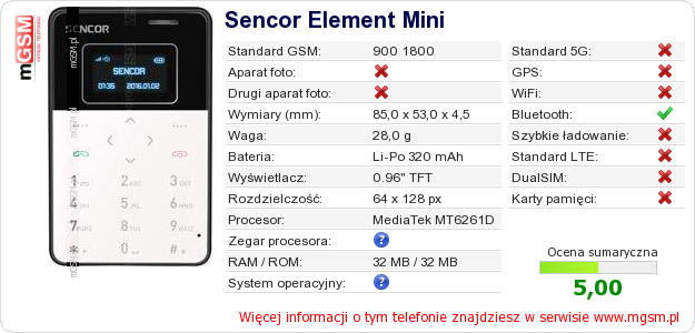 Dane telefonu Sencor Element Mini