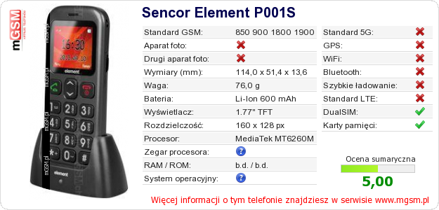 Dane telefonu Sencor Element P001S