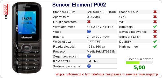 Dane telefonu Sencor Element P002