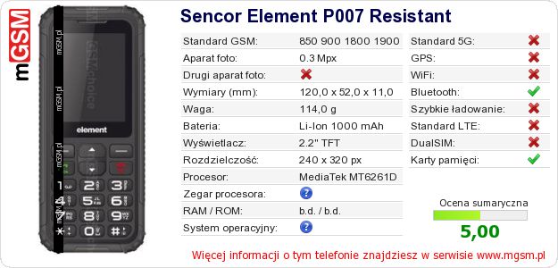 Dane telefonu Sencor Element P007 Resistant