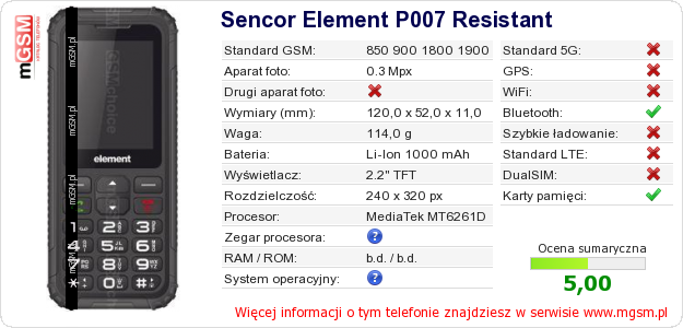 Dane telefonu Sencor Element P007 Resistant