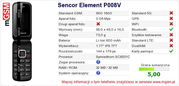 Dane telefonu Sencor Element P008V Dane telefonu Sencor Element P008V