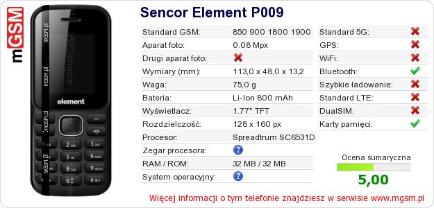 Dane telefonu Sencor Element P009