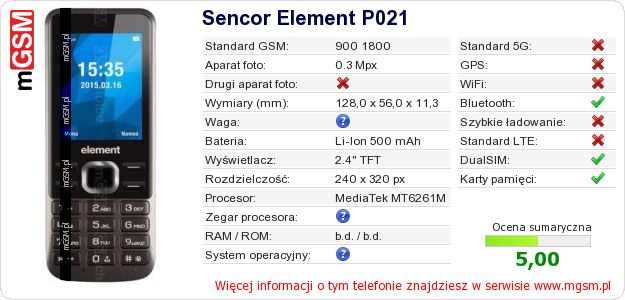 Dane telefonu Sencor Element P021