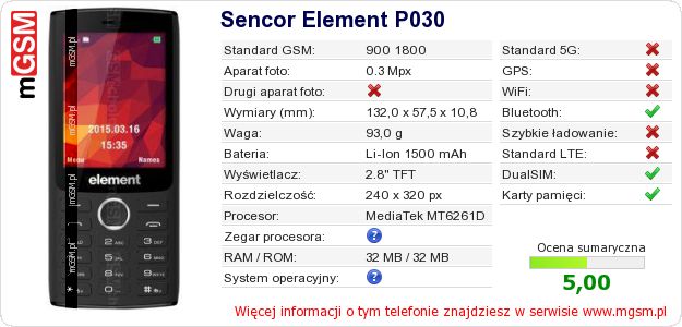 Dane telefonu Sencor Element P030 Dane telefonu Sencor Element P030