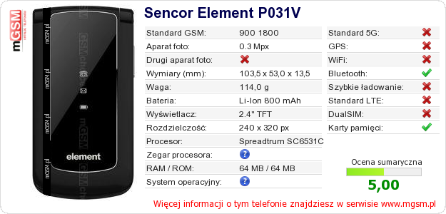 Dane telefonu Sencor Element P031V