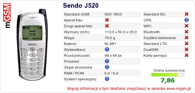 Dane telefonu Sendo J520 Dane telefonu Sendo J520