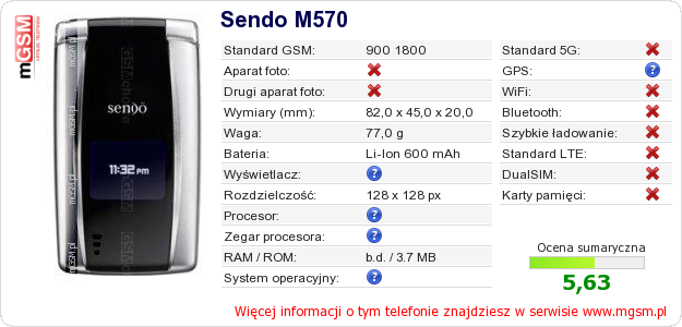 Dane telefonu Sendo M570