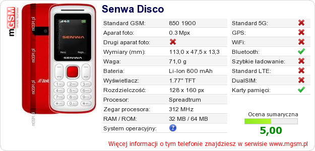 Dane telefonu Senwa Disco