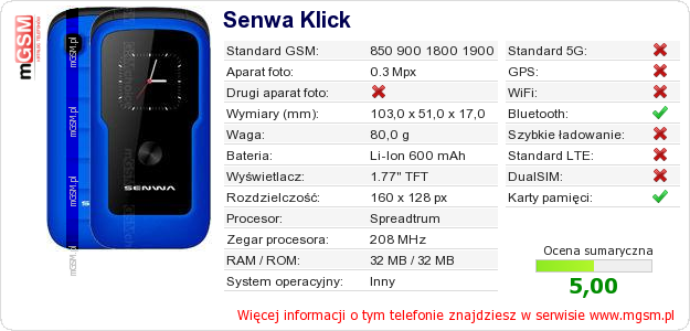 Dane telefonu Senwa Klick