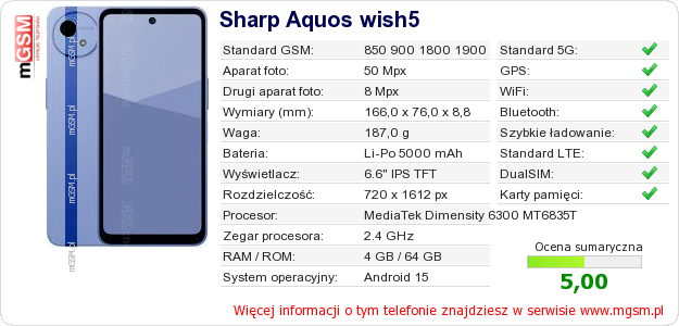 Dane telefonu Sharp Aquos wish5 Dane telefonu Sharp Aquos wish5