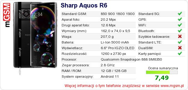 Dane telefonu Sharp Aquos R6