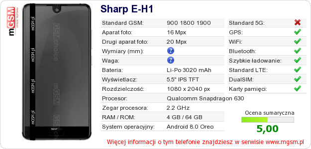 Dane telefonu Sharp E-H1