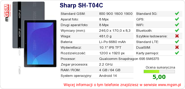 Dane telefonu Sharp SH-T04C