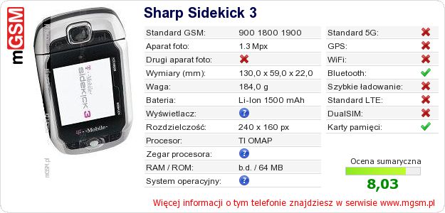 Dane telefonu Sharp Sidekick 3 Dane telefonu Sharp Sidekick 3