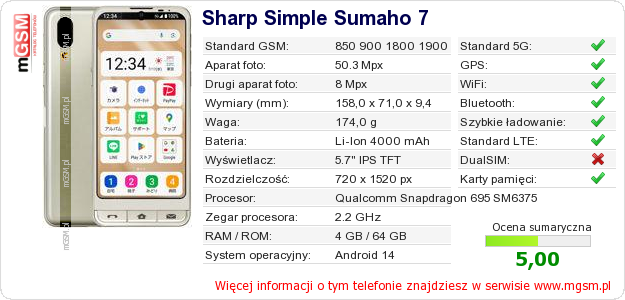 Dane telefonu Sharp Simple Sumaho 7