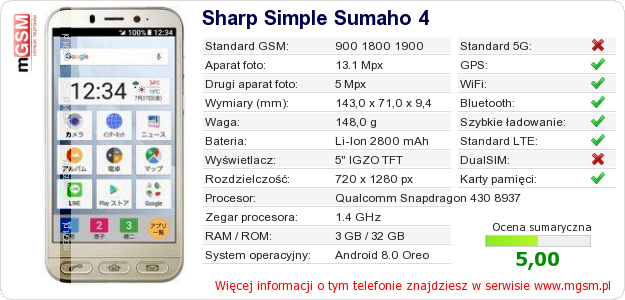 Dane telefonu Sharp Simple Sumaho 4