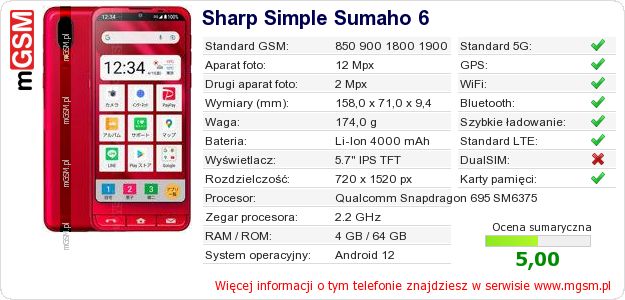 Dane telefonu Sharp Simple Sumaho 6