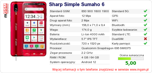 Dane telefonu Sharp Simple Sumaho 6