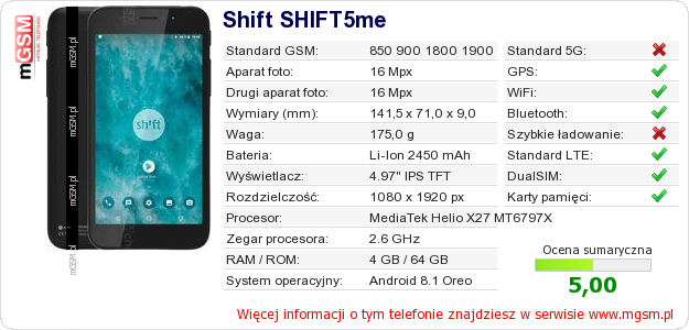 Dane telefonu Shift SHIFT5me Dane telefonu Shift SHIFT5me