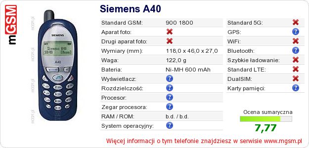 Dane telefonu Siemens A40 Dane telefonu Siemens A40