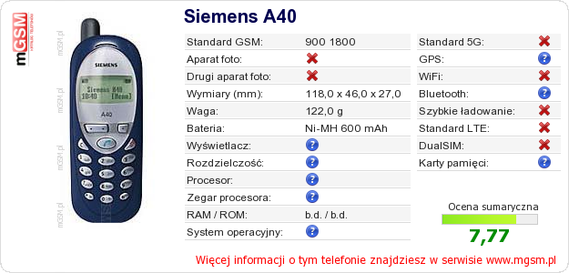 Dane telefonu Siemens A40