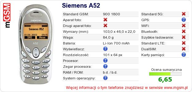 Dane telefonu Siemens A52 Dane telefonu Siemens A52
