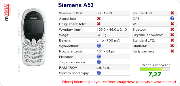 Dane telefonu Siemens A53