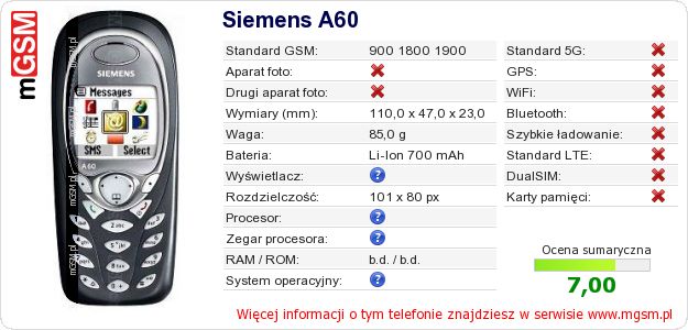 Dane telefonu Siemens A60 Dane telefonu Siemens A60
