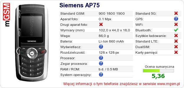 Dane telefonu Siemens AP75