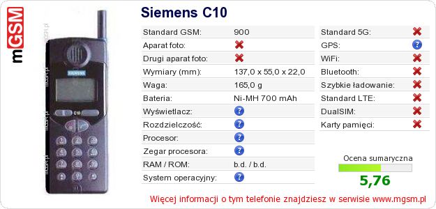 Dane telefonu Siemens C10