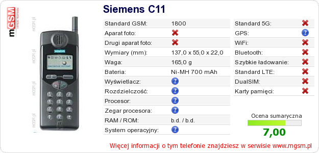 Dane telefonu Siemens C11