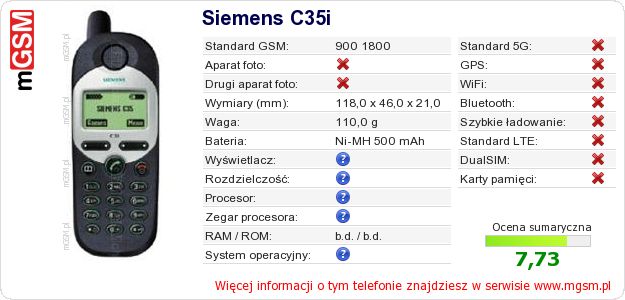 Dane telefonu Siemens C35i Dane telefonu Siemens C35i