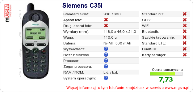 Dane telefonu Siemens C35i Dane telefonu Siemens C35i