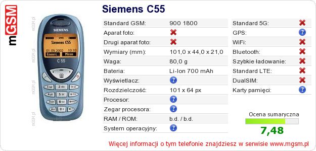 Dane telefonu Siemens C55 Dane telefonu Siemens C55