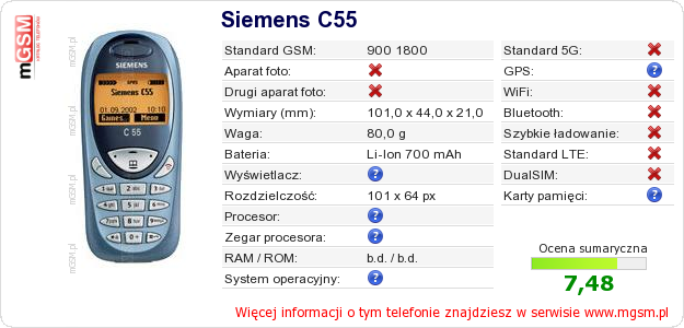 Dane telefonu Siemens C55