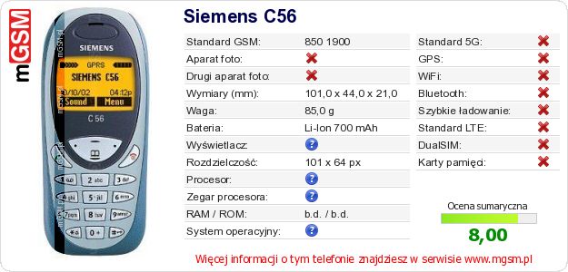 Dane telefonu Siemens C56 Dane telefonu Siemens C56