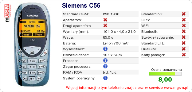 Dane telefonu Siemens C56
