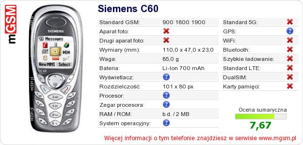 Dane telefonu Siemens C60