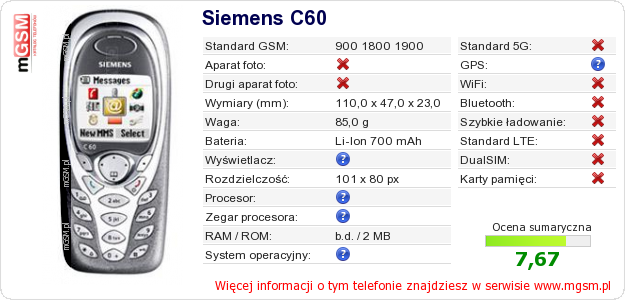 Dane telefonu Siemens C60