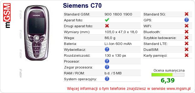 Dane telefonu Siemens C70 Dane telefonu Siemens C70