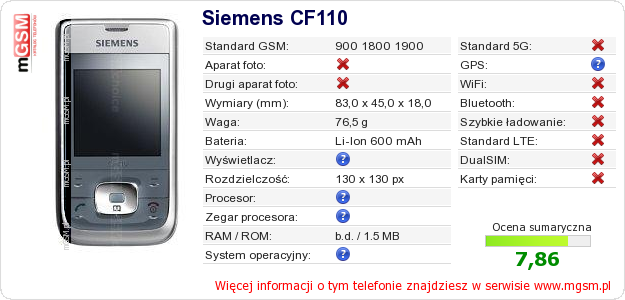 Dane telefonu Siemens CF110